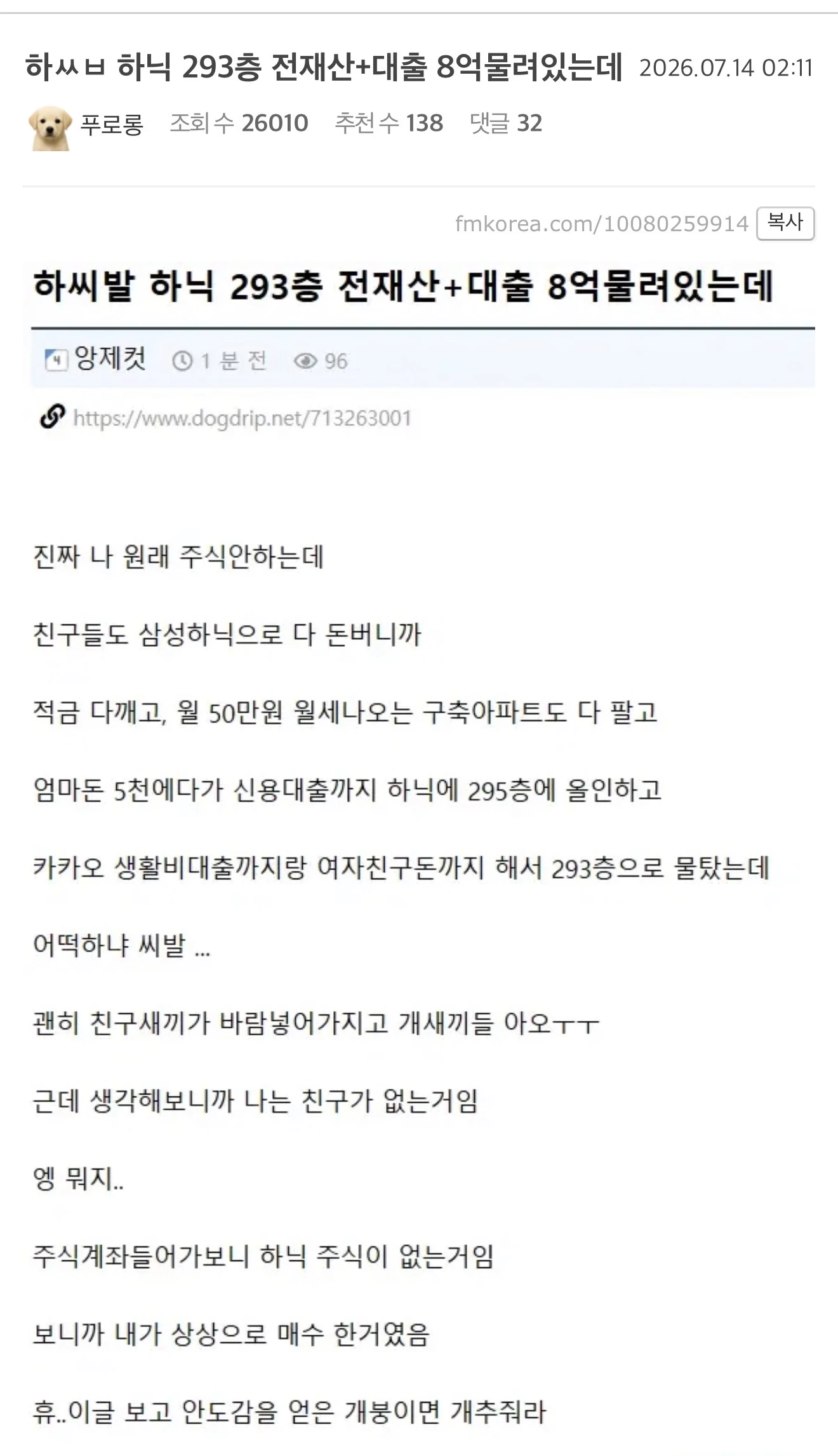 하닉 293층 전재산+대출 8억물려있는데